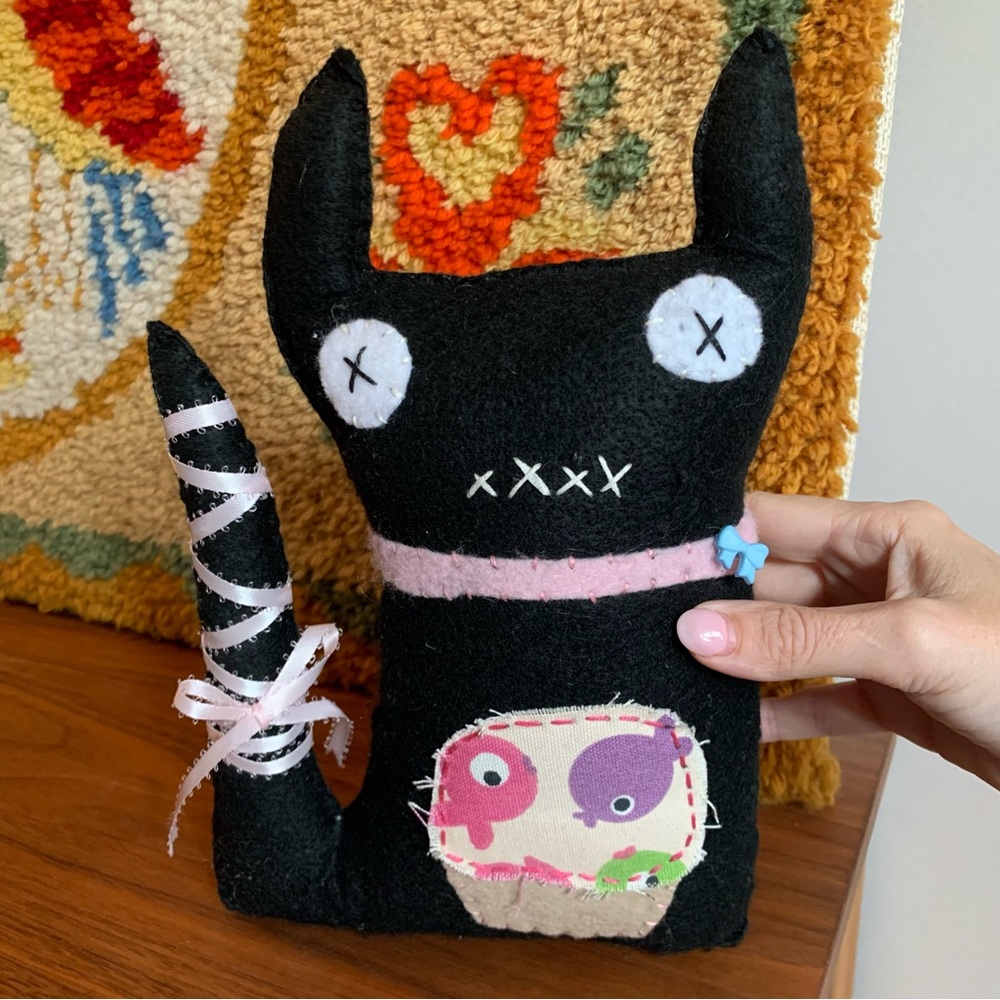 Handmade Felt Black Kitten with CupCake Doll & Cat Earrings/Cat Lady Bundle